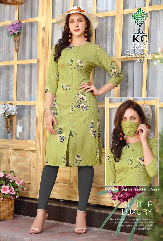 Kc Seasons 7 Latest Fancy Designer Heavy Rayon Kurti With Mask Collection